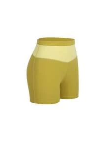 Core Rhythm New Summer Women's Two-Tone Patchwork V-Waist High-Waisted Sports Shorts, High Elasticity Seamless Tummy Control Butt Lifting Yoga Cycling Workout Shorts - Green - View 6