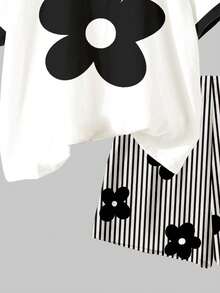 2pcs/Set Teen Girls Casual Floral & Striped Pattern Round Neck T-Shirt And Shorts Set,Black And White,Summer,Streetwear,Holiday,Spring,Daily Wear - Multicolor - View 4