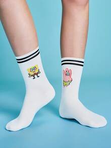 SpongeBob SquarePants | SHEIN 1 Pair Of Comfortable And Cute Cartoon Pattern Tube Socks - Black and White - View 1