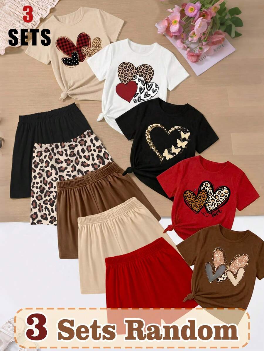 SHEIN Sparklyn (3 Random Item From 5) Summer Girl's Big Boy Grid Ripple Dot Leopard Pattern Love Pattern Printed Basic Short T+Shorts Set Six Piece Set - Multicolor - View 1