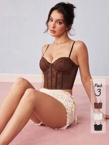 Elorette 3pcs Bra Wanita Elegan Warna Polos dengan Motif Renda dan Tambal Sulam - MultiWarna - View 6