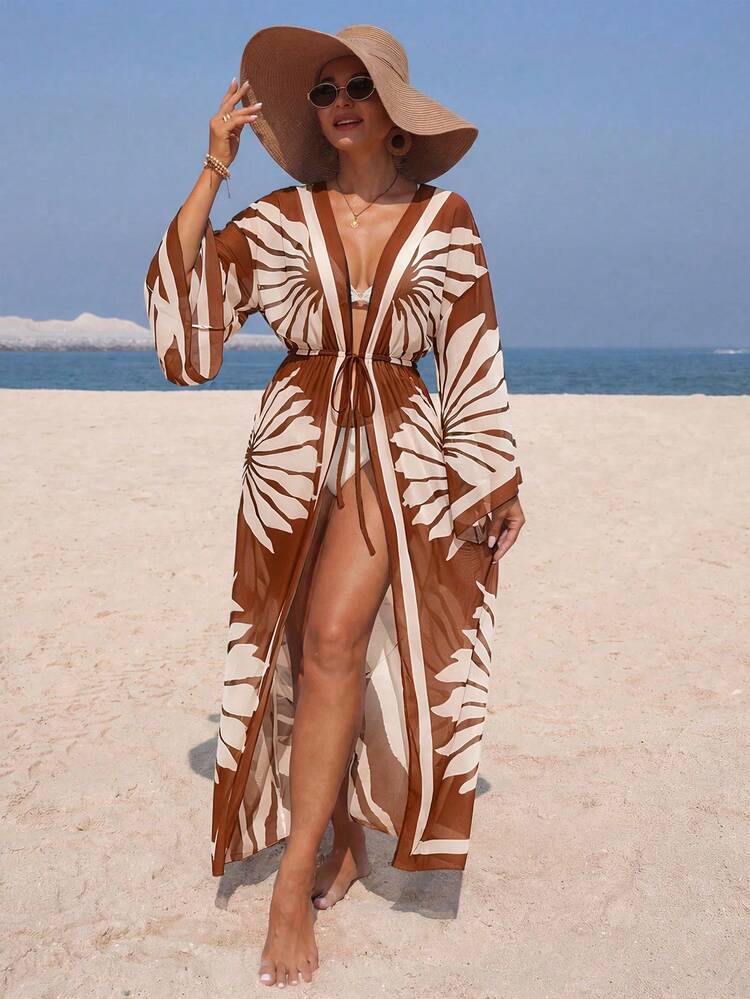 Swim Lushoire Women's Brown Summer Boho Beach Holiday Mesh Shell Digital Print Flare Sleeve Elastic Waist Drawstring Tie Kimono Robe Swimsuit Cover Up,Holiday - Khaki - View 4