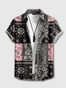 ROMWE MEN Street Life Men's Plus Size Colorblock Patchwork Cashew Flower Print Shirt - Black - View 1