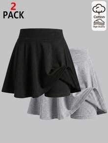 SHEIN 女童純色A字迷你裙，淺灰色與純黑色可選，極簡寬腰頭設計，傘擺下襬，百搭純色簡約百搭，俐落短版剪裁，易於搭配各種上衣，簡約經典 - 彩色 - 查看 1
