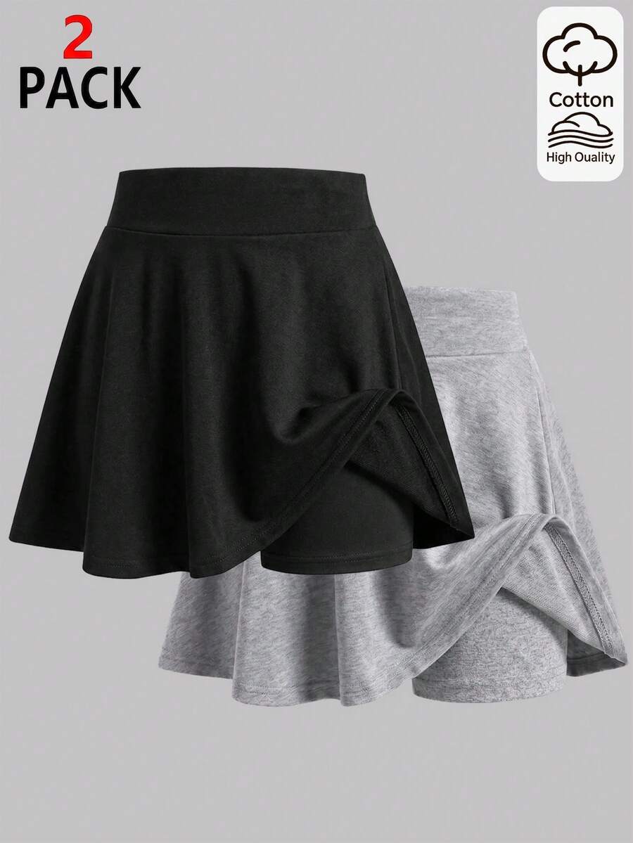 SHEIN 女童純色A字迷你裙,淺灰色與純黑色可選,極簡寬腰頭設計,傘擺下襬,百搭純色簡約百搭,俐落短版剪裁,易於搭配各種上衣,簡約經典 - 彩色 - 查看 1