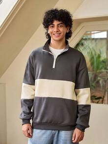 Whitmere Men's Casual Fashionable Versatile Contrast Color Collegiate Style Comfortable Half-Zip Long Sleeve Sweatshirt, Autumn/Winter - Dark Grey - View 6