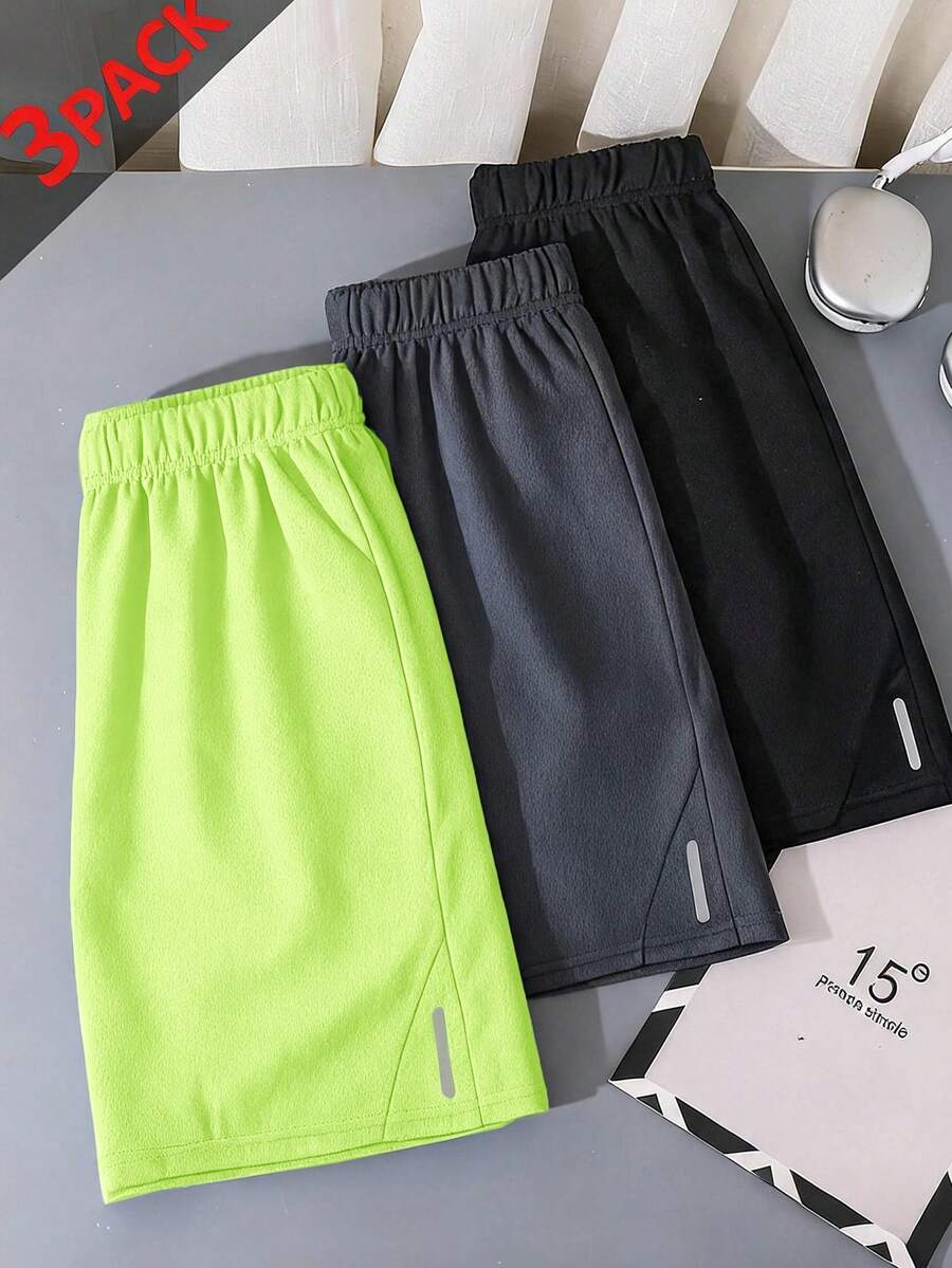 SHEIN 3件組青少年男孩休閒配色反光膠帶短褲套裝,適用運動、居家、學校與校園 - 彩色 - 查看 1