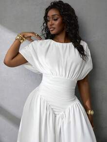 BamGlimmer Women's Solid Color Round Neck Pleated Batwing Sleeve Elegant Dress Wedding Dinner Formal White Summer - White - View 8