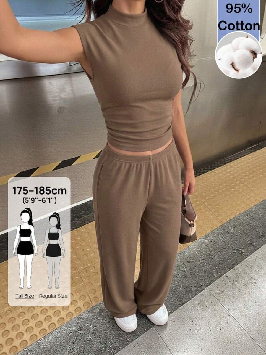 SHEIN Tall 2件組女款夏季純色立領百褶襯衫與長褲套裝，休閒女裝運動服，棕色兩件式套裝，舒適女款休閒套裝，適合高個子女性 - 棕色 - 查看 1