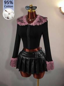 Amplova Lady's Halloween Y2K Style Pink Collar Design High-Waisted Sexy Jacket, Suitable For Parties And Gatherings. - Black - View 2