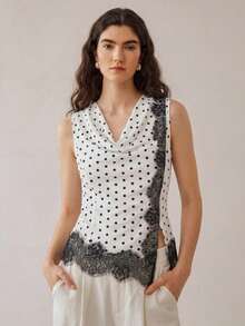 SHEIN Women's Polka Dot Cowl Neck Patchwork Lace French Elegant Sleeveless Top - Black and White - View 3