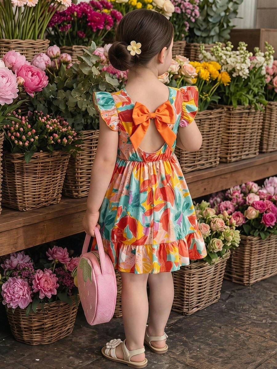 THE HAPPY LOOK Young Girl Vacation Style Large Floral Print Round Neck Short Sleeve Cinched Waist Back Contrast Bow Dress Versatile Comfortable - Multicolor - View 1