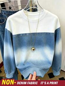 Resyla Women's Round Neck Long Sleeve Denim Effect Print Sweatshirt For Daily Wear - Multicolor - View 1