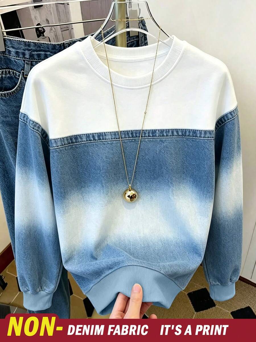 Resyla Women's Round Neck Long Sleeve Denim Effect Print Sweatshirt For Daily Wear - Multicolor - View 1