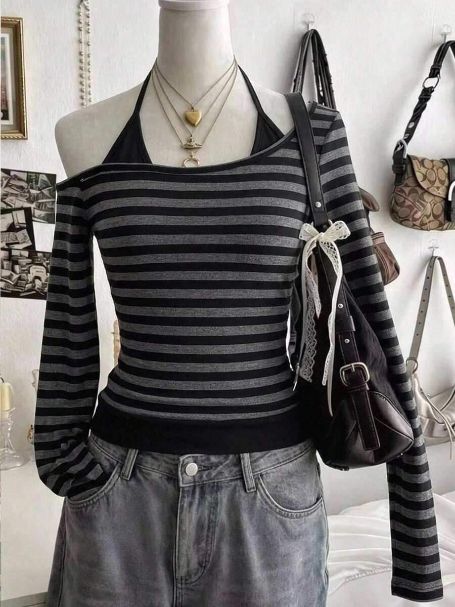 Tween Girl Fall Tops Fall Striped 2 In 1 Halter Neck Long Sleeve Top, Cold Shoulder Design With Atmospheric Vibe, Autumn - Black - View 1