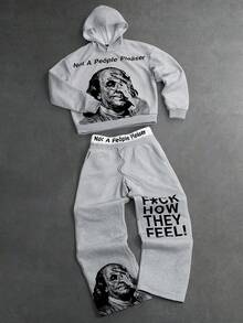 PAVTROS Men's Letter Pattern Hoodie And Sweatpants Casual Daily Outfit Set - Grey - View 4