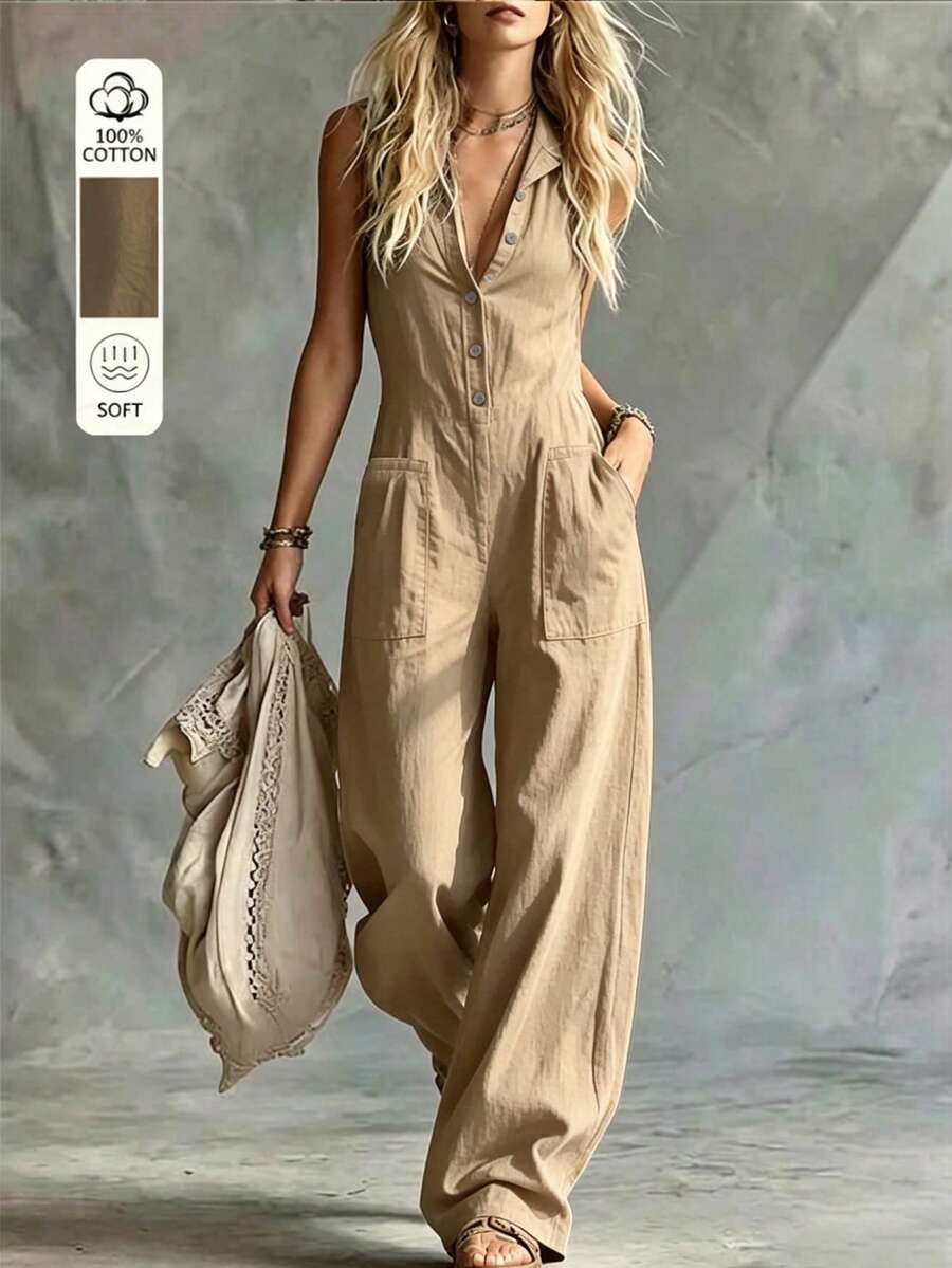 SHEIN LUNE Women's Solid Color Button Half-Placket Pocket Sleeveless Shirt Jumpsuit, High-End Fashion Commuter Style - Khaki - View 1