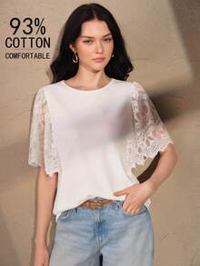 Anewsta New Fashion Elegant Design Lace Patchwork Loose Casual Women's T-Shirt - White - View 3