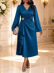 Fleurora Plus Size Women's Solid Color V-Neck Metal Decor Pleated Casual Party Dress - Teal Blue - View 4