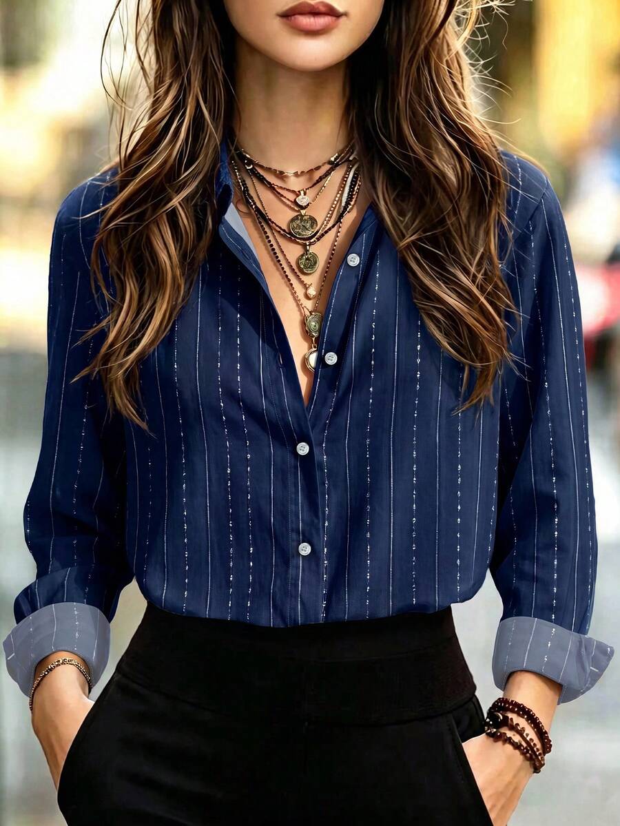RosyDaze Women's Striped Single-Breasted Casual Daily Wear Shirt - Multicolor - View 1