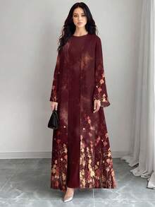 SHEIN Najma 女款復古酒紅花卉漸層印花時尚長袖休閒阿巴亞開襟長外套，春夏秋季長洋裝，適合日常穿著、度假與日常穿搭 - 彩色 - 查看 4