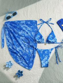 Swim Vcay 3件套女士春假随机印花吊带沙滩裙，系带复古度假比基尼泳衣套装 - 藍色 - 查看 4