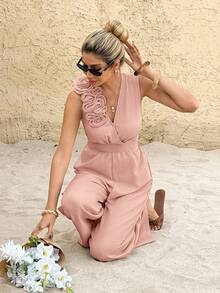 SHEIN Frenchy Celana Panjang Terusan Wanita Model Longgar dengan Hiasan 3D untuk Liburan - Baby Pink - View 4