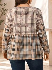 EMERY ROSE Plus Size Women's Plaid Floral Print V-Neck Long Sleeve Ruffle Button Loose Blouse Boho Casual Vacation Formal Brunch Autumn Black And White Fall - Multicolor - View 4