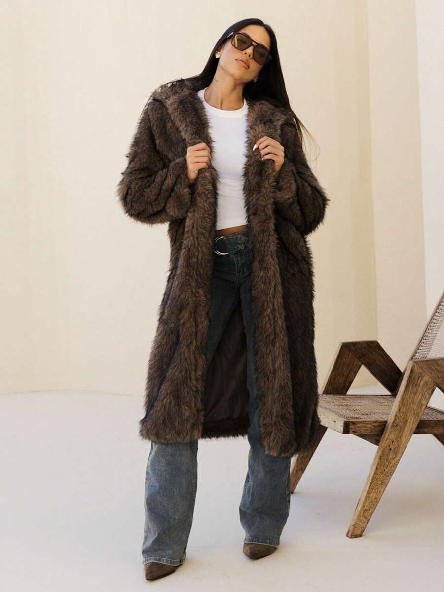 Maju Mazalli Women's Hooded Long Faux Fur Coat, Autumn/Winter - Brown - View 1