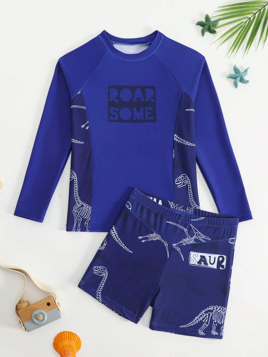 SHEIN 男童 (大號) 恐龍印花長袖泳衣套裝,適合海灘、度假、玩耍、沙灘、夏季 - 藍色 - 查看 1