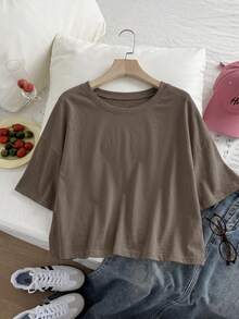 Comfortcana Solid Color Drop Shoulder Short Casual Plus Size T-Shirt - Brown - View 7