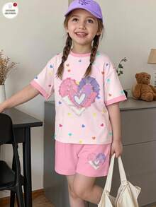 SHEIN 1套少女多巴胺甜美風愛心印花短袖圓領T恤與短褲套裝，適合校園、日常出遊、聚會、休閒夏季穿搭 - 彩色 - 查看 2