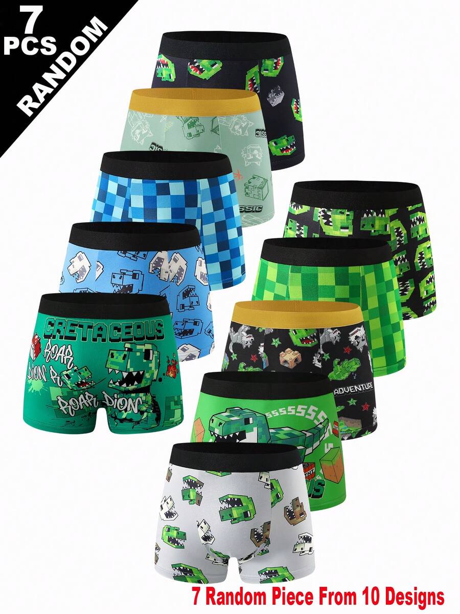 (7 Random Piece From 10 Designs) Boys Comfortable Dinosaur Print Boxer Briefs, Fashionable Cartoon Print Underwear - Multicolor - View 1