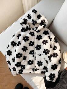 SHEIN 青少年女孩休閒白色底黑印花刷毛連帽外套，秋冬外套，返校季，學院風 - 黑與白 - 查看 10