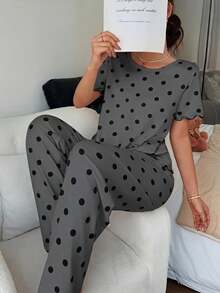 Napfluff 女款圓點印花休閒圓領短袖睡衣套裝 - 深灰色 - 查看 5