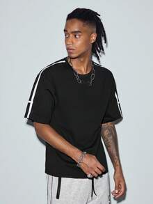 Men's Casual Side Stripe Loose T-Shirt, American Street Style Round Neck Short Sleeve, Versatile For Summer - Black - View 6