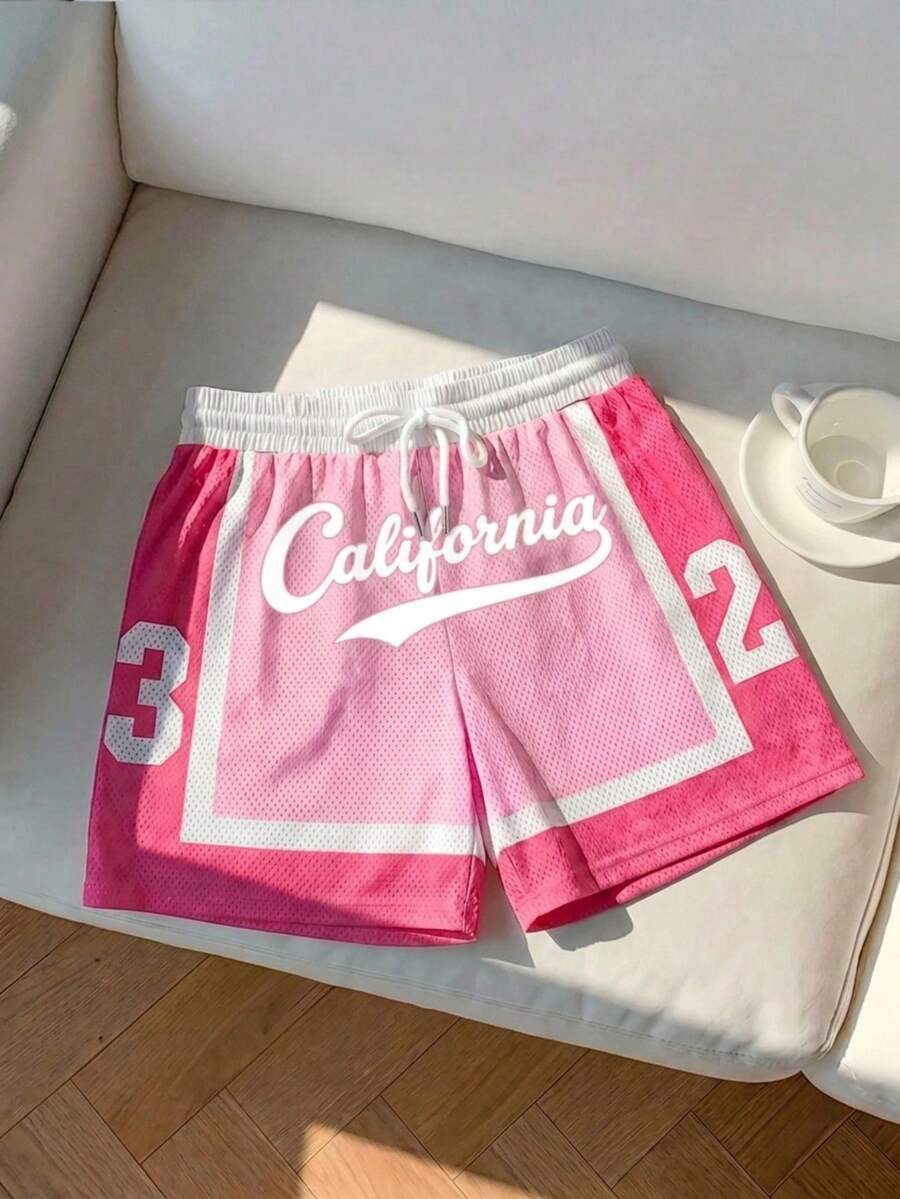 Comfortcana Women's Casual Pink Contrast Letter Print Shorts, Suitable For Daily Street Wear, Basketball Shorts, Cargo Pants - Pink - View 1