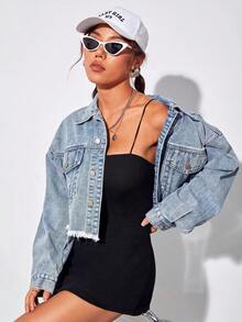 Jeanoix Plus Size Fashion Single-Breasted Frayed Pocket Cropped Denim Jacket - Light Wash - View 5