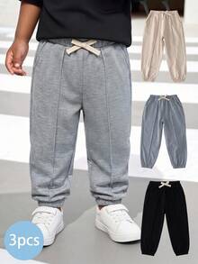 THE HAPPY LOOK 3pcs Young Boy Elastic Waist Pants Set With Decorative Ribbon, Versatile & Comfortable - Grey - View 1