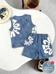 Young Boy Casual Minimalist Short Sleeve 2 Pieces Set Suitable For Spring/Summer With Cartoon Pattern - Multicolor - View 2