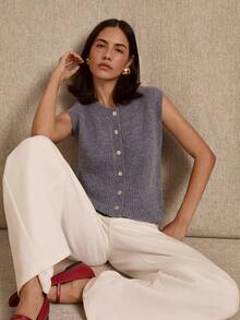 lacRébo Blue Sleeveless Fluffy Knitted Loose Fit Cardigan, Pearl Buttons Details - Blue - View 7