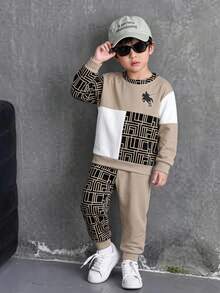 Toddler Fleece Sweatshirt Set, Casual  Style Knight Print Plaid Colorblock Crew Neck Sweatshirt And Colorblock Plaid Casual Sports Long Pants - Multicolor - View 1