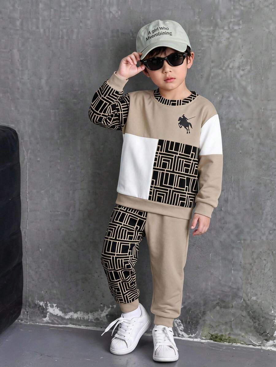 Toddler Fleece Sweatshirt Set, Casual Style Knight Print Plaid Colorblock Crew Neck Sweatshirt And Colorblock Plaid Casual Sports Long Pants - Multicolor - View 1