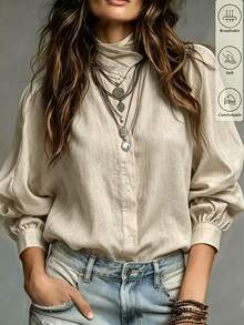 SHEIN Women's Solid Color Single-Breasted Casual Versatile Daily Wear Shirt - Khaki - View 7