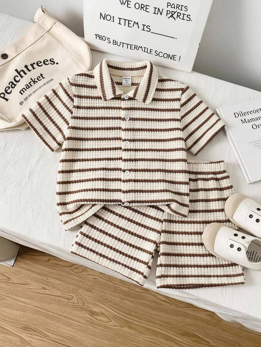 SHEIN 2pcs Young BoyTextured Stripe Knit Shirt And Shorts Set - Coffee Brown - View 1