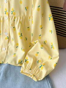 SHEIN Tween Girl Back To School Tween Girls Collared Plaid Lemon Pattern Shirt, Autumn/Winter/All Season Wear - Yellow - View 3