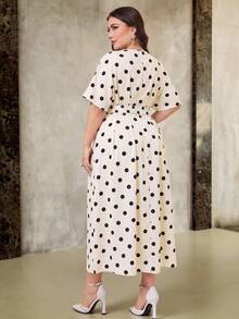 Modelyn Plus Size Women Black And White Pattern Round Neck Short Sleeve Pleated Design Elegant 70's Dress Tea Party Brunch Dinner Summer - Apricot - View 5