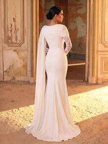 Aureia Elegant Classical Round Neck Multi-Style Combination Asymmetrical Shoulder Sheer Long Sleeve Chiffon Drape Waist Pleat Body-Flattering Bodycon Train - White - View 3