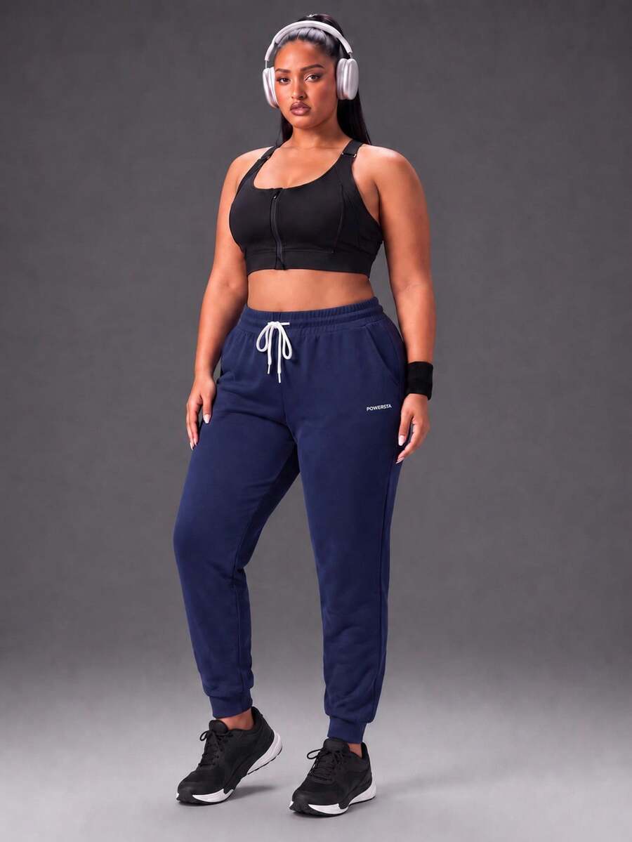 Powerista Women's Plus Size Summer And Spring Mid-Rise Navy Outdoor Jogger Pants With Drawstring Waist And Side Pockets Casual And Comfortable Outdoor Wear - Navy Blue - View 1