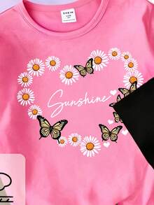 (Random Patterns,Randomly Ships 1 Of 3) Girls' Fashion Creative Pastel Floral Hollow Heart Leopard Print Fun Letter Pattern Basic Short Sleeve T-Shirt - Multicolor - View 8